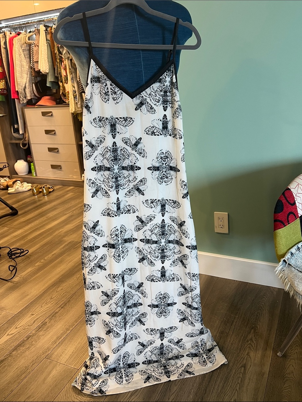 Sleeveless White Maxi Dress with Black Moth Print